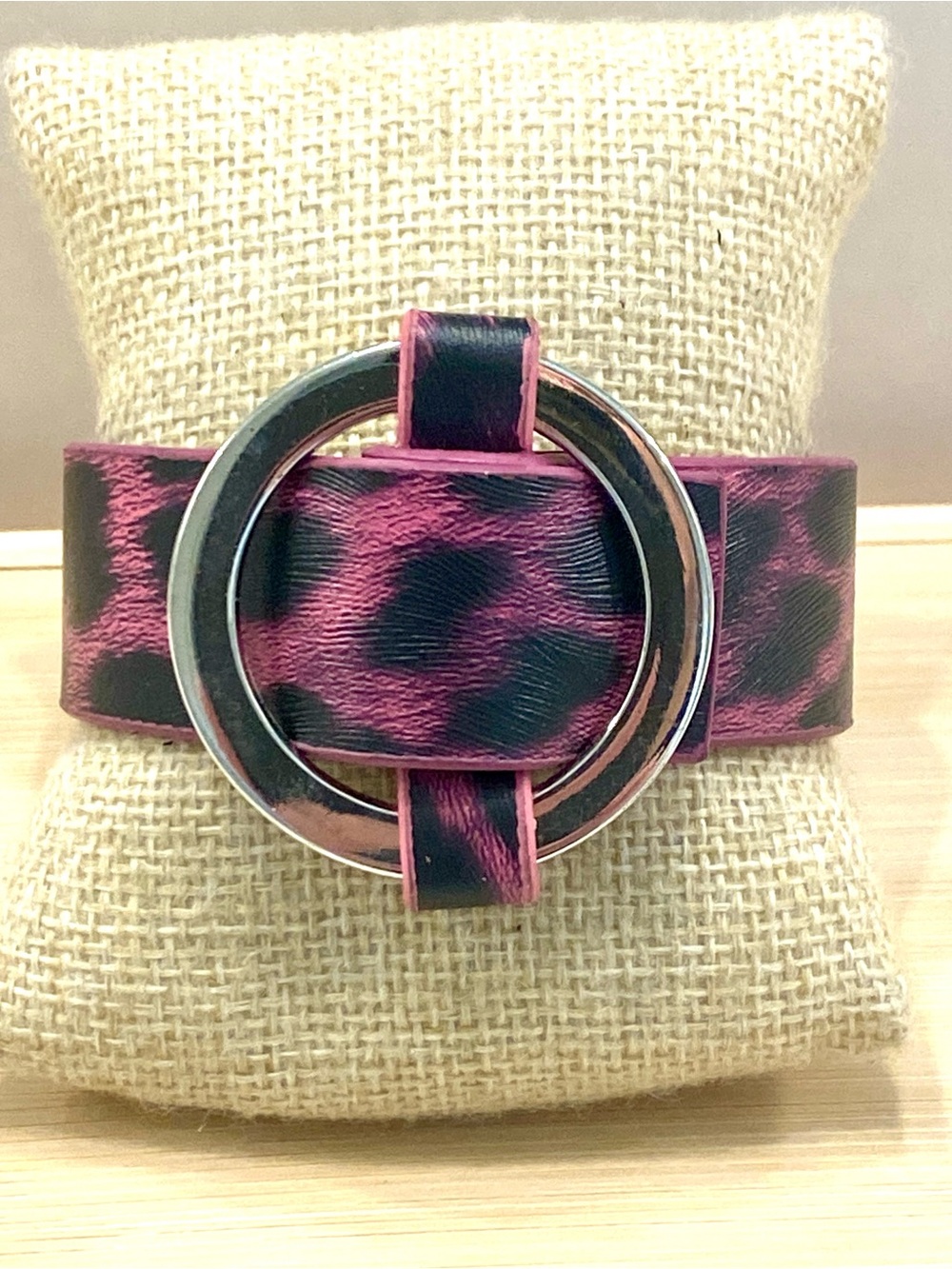 Retro Pink Leopard-Print Cuff Watch Bracelet with Silver Ring Accent